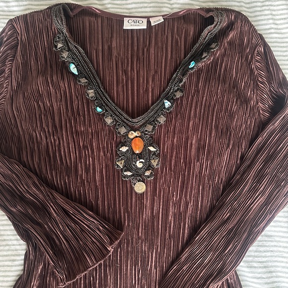 Vintage Tops - Vintage Brown Pleated Tunic with Beaded Embellishment